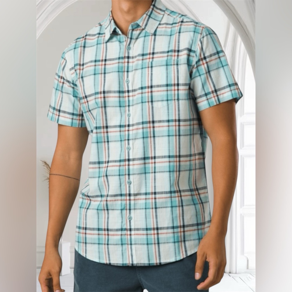PRANA GROVELAND SHIRT - MEN'S Size: Small. Color: Aqua Plaid NWT